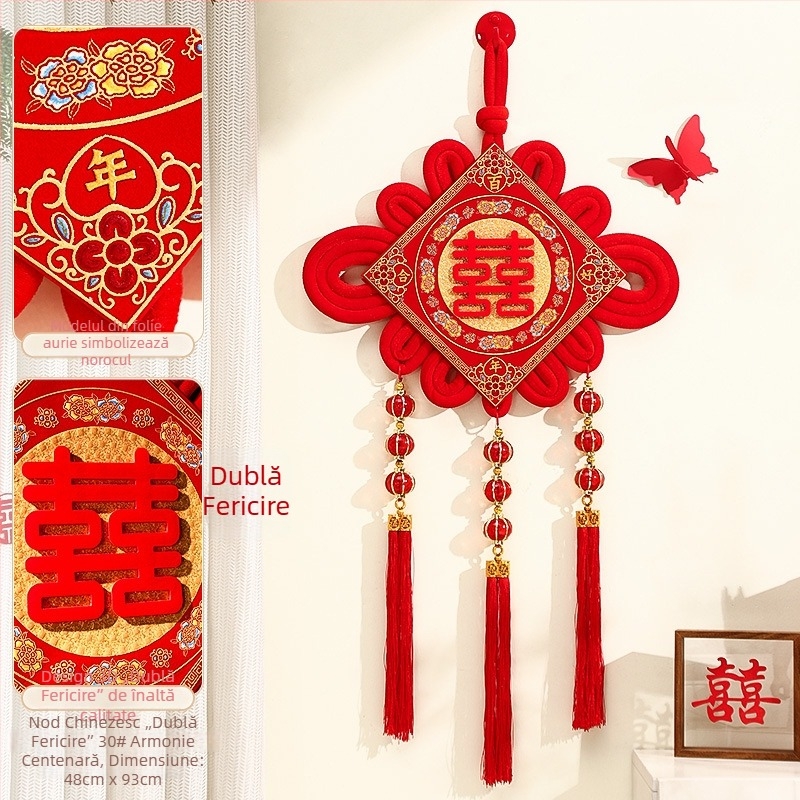 Nod chinezesc roșu 3D cu noroc dublu pentru decor de nuntă, intrare și sufragerie