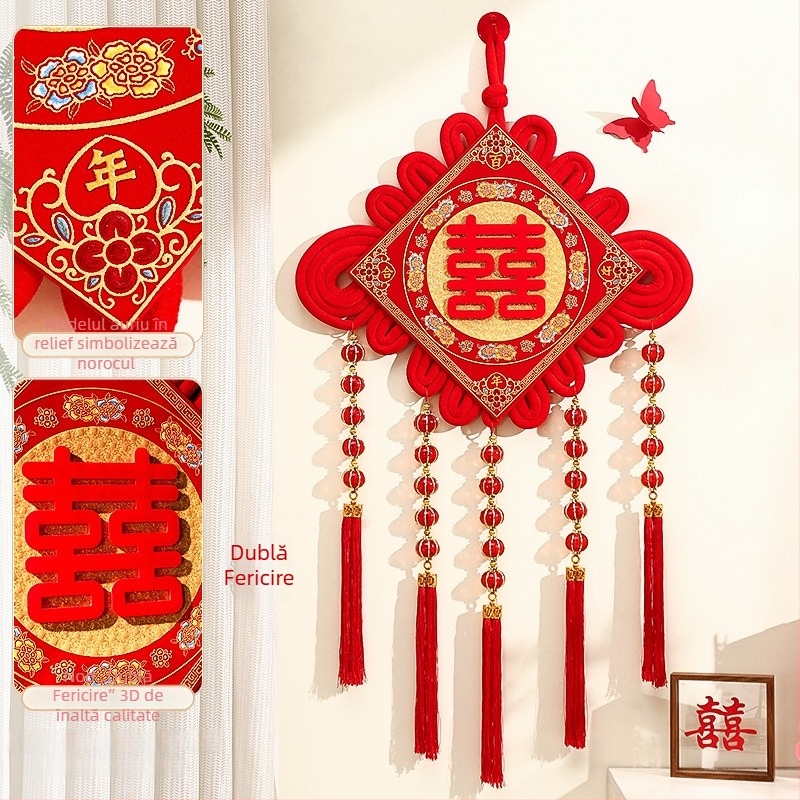 Nod chinezesc roșu 3D cu noroc dublu pentru decor de nuntă, intrare și sufragerie