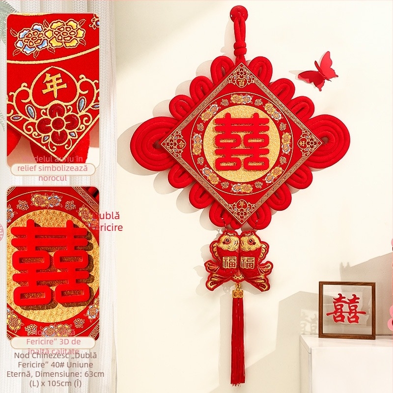 Nod chinezesc roșu 3D cu noroc dublu pentru decor de nuntă, intrare și sufragerie