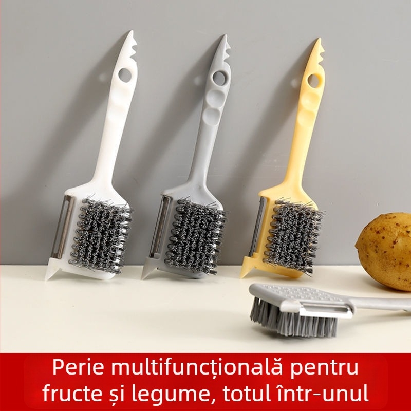 Dispozitiv de bucătărie cinci în unu: peeler pentru fructe și legume, presă de usturoi, perie pentru curățare, lamă de tăiere, instrument de curățare