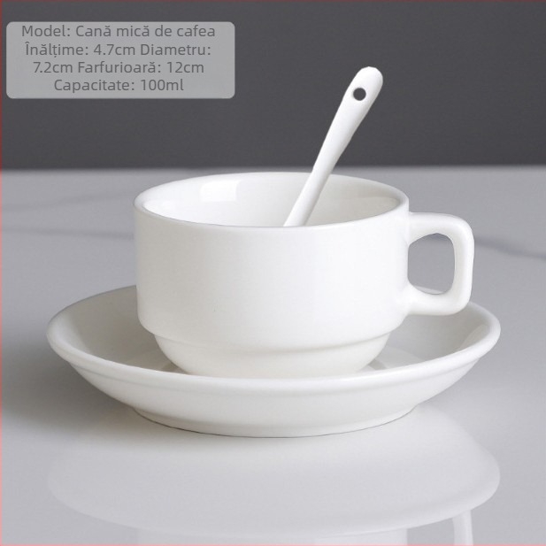 Set de cești de cafea din ceramică cu farfurie, design minimalist monocrom cu logo – potrivit pentru casă, birou și cafenea