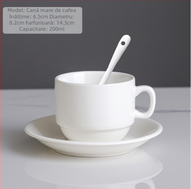 Set de cești de cafea din ceramică cu farfurie, design minimalist monocrom cu logo – potrivit pentru casă, birou și cafenea