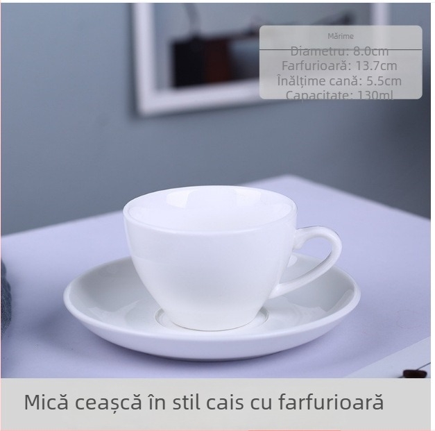 Set de cești de cafea din ceramică cu farfurie, design minimalist monocrom cu logo – potrivit pentru casă, birou și cafenea