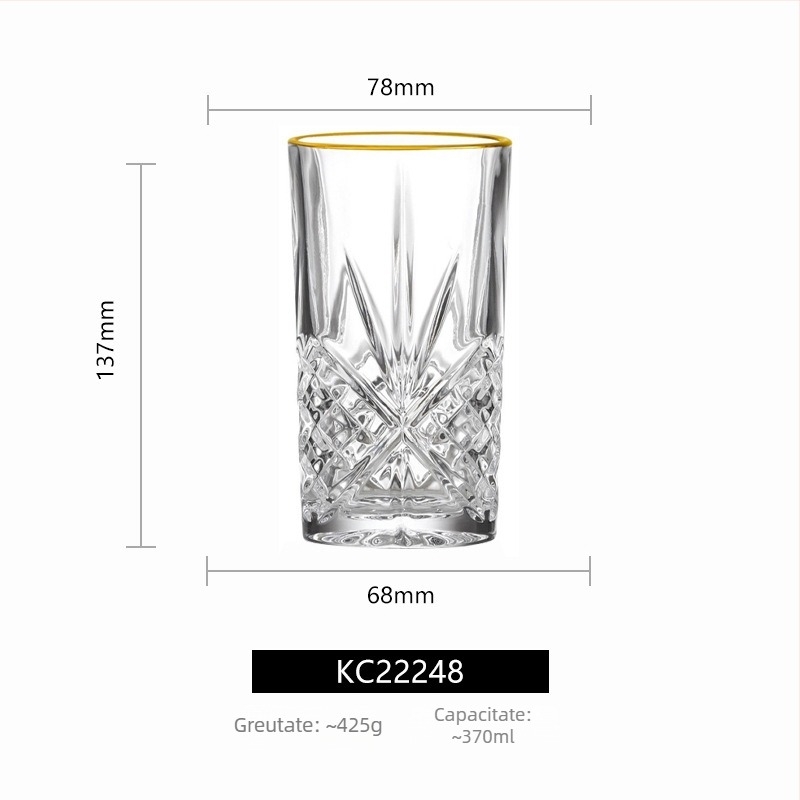 Set de pahare din cristal fără plumb, cu margine aurie și dungi verticale, de mari dimensiuni — pahar pentru whisky, pahar de vin roșu, pahar de bere și pahar de apă