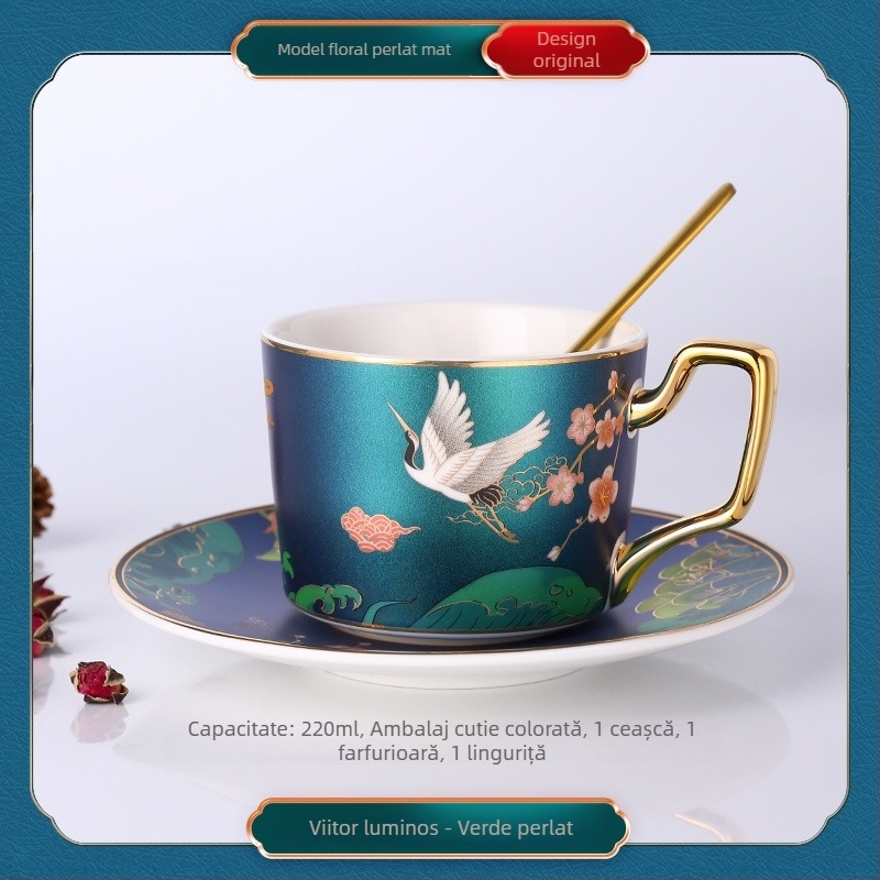 Căniță de cafea din porțelan cu farfuriu și linguriță, stil european, mic lux pentru uz casnic, ceai cu flori