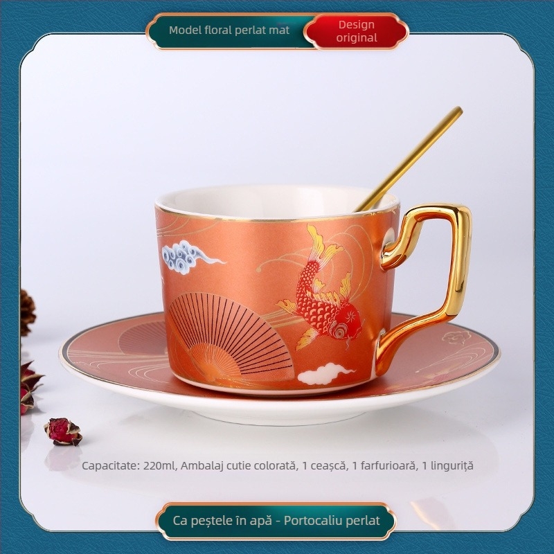 Căniță de cafea din porțelan cu farfuriu și linguriță, stil european, mic lux pentru uz casnic, ceai cu flori