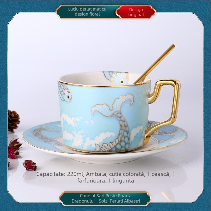 Căniță de cafea din porțelan cu farfuriu și linguriță, stil european, mic lux pentru uz casnic, ceai cu flori