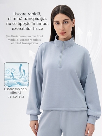 Hanorac damă din modal pentru yoga, toamnă-iarnă, croială lejeră, guler înalt, pentru alergare și fitness