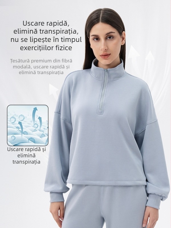 Hanorac damă din modal pentru yoga, toamnă-iarnă, croială lejeră, guler înalt, pentru alergare și fitness
