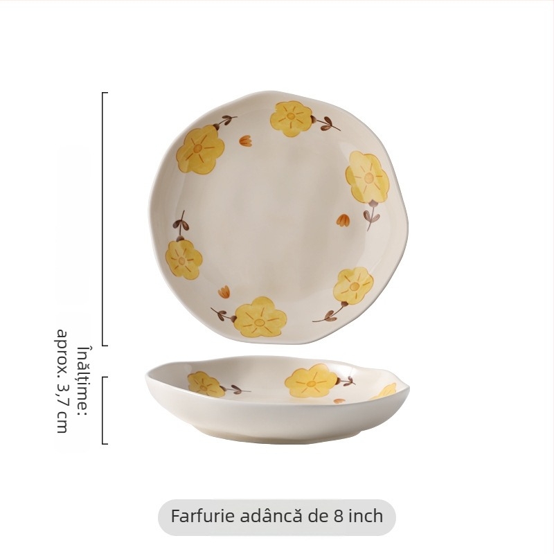 Set de porțelan crem cu model floral pastoral, texturi lucrate manual, pentru uz casnic, farfurii și boluri