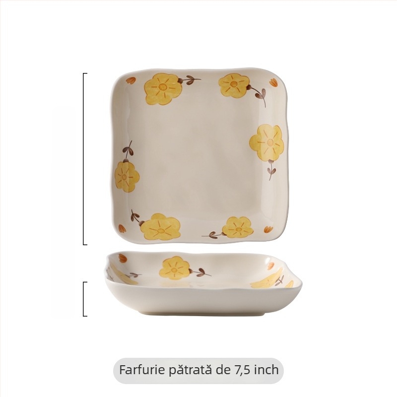 Set de porțelan crem cu model floral pastoral, texturi lucrate manual, pentru uz casnic, farfurii și boluri