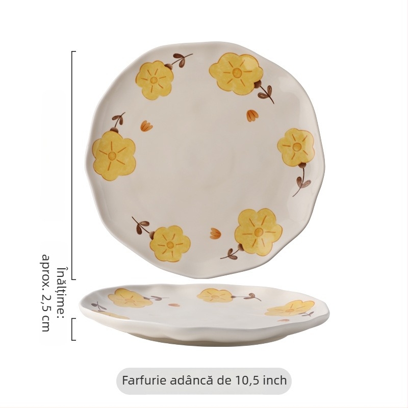 Set de porțelan crem cu model floral pastoral, texturi lucrate manual, pentru uz casnic, farfurii și boluri