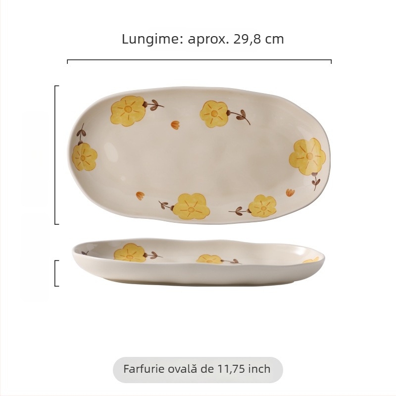 Set de porțelan crem cu model floral pastoral, texturi lucrate manual, pentru uz casnic, farfurii și boluri
