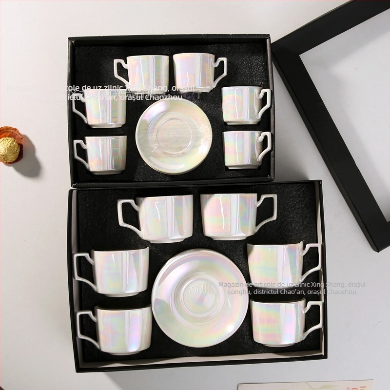 Set ceramic cești de cafea și farfurioară – luciu perlă, utilizare casnică elegantă pentru ceai de după-amiază, ambalaj cadou