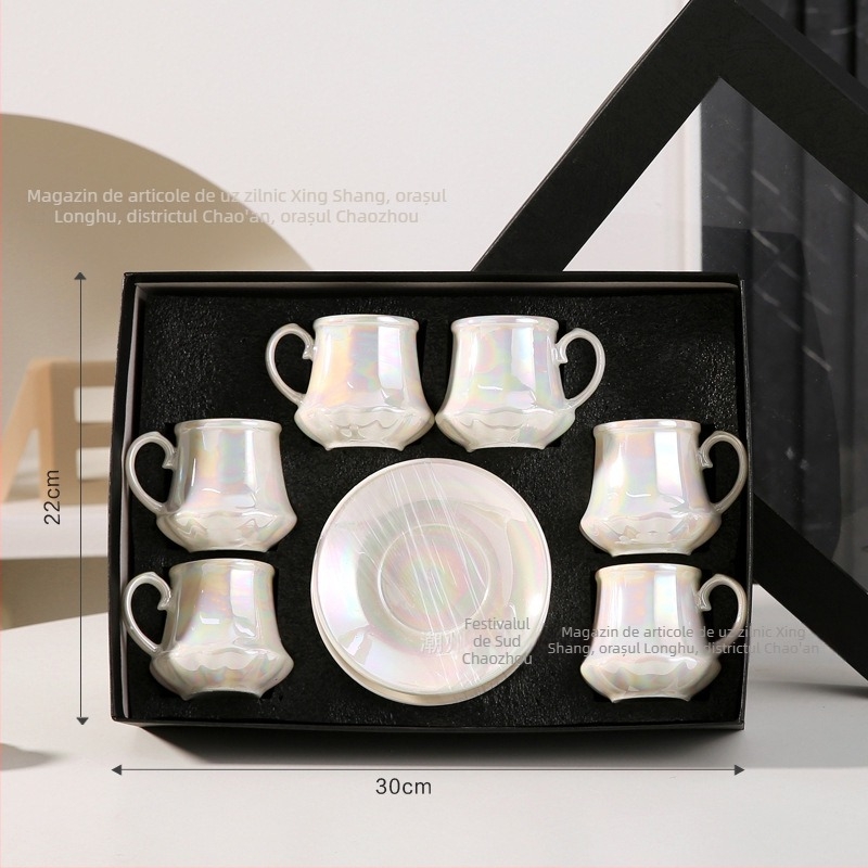 Set ceramic cești de cafea și farfurioară – luciu perlă, utilizare casnică elegantă pentru ceai de după-amiază, ambalaj cadou