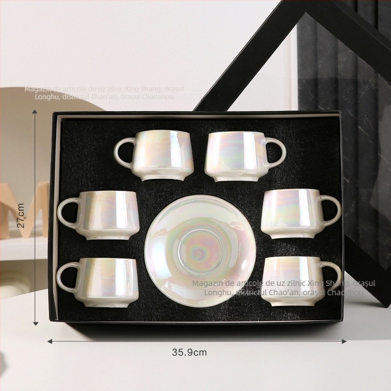 Set ceramic cești de cafea și farfurioară – luciu perlă, utilizare casnică elegantă pentru ceai de după-amiază, ambalaj cadou
