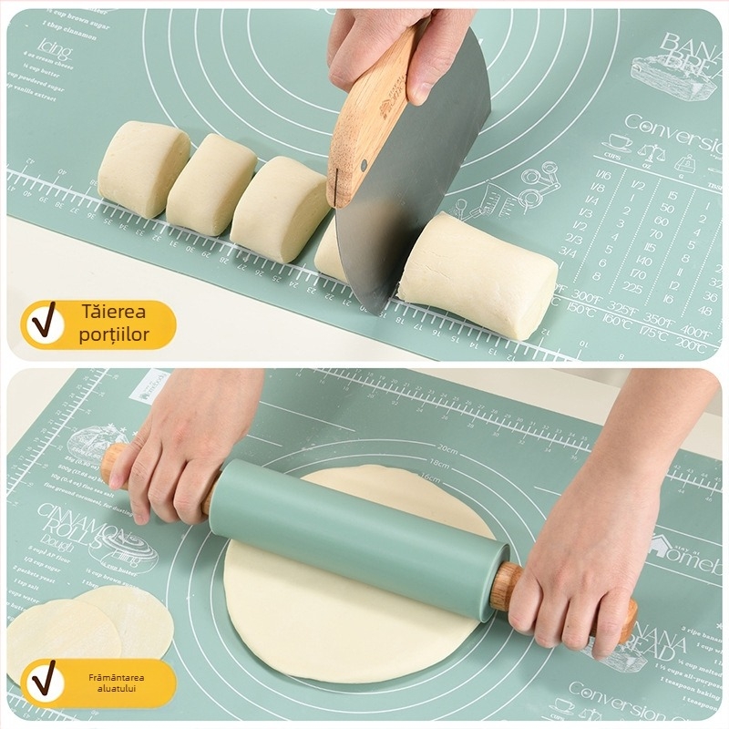 Set pentru rularea aluatului de găluște: rolă pentru aluat, cuțit de tăiere și covoraș din silicon pentru frământat, de înaltă calitate alimentară
