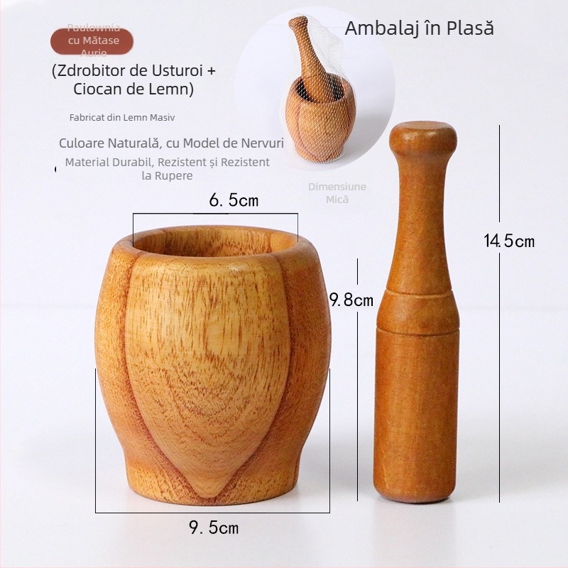 Mojar de usturoi din lemn cu pistil – ustensilă de bucătărie multifuncțională