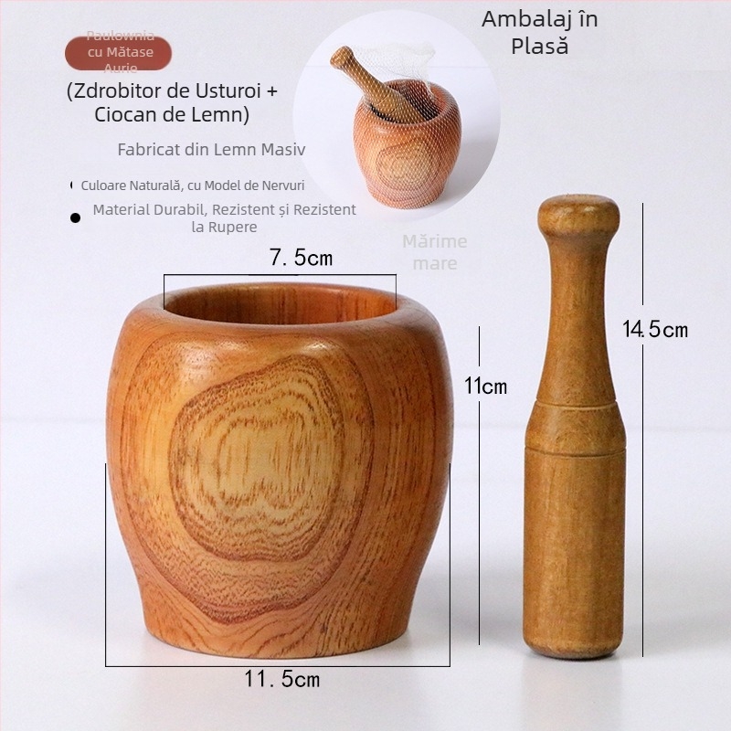 Mojar de usturoi din lemn cu pistil – ustensilă de bucătărie multifuncțională