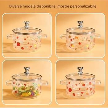 Enjoy oală din sticlă borosilicată în formă de urs, cu două mâneri și capac, rezistentă la temperaturi ridicate, pentru nudle instant, potrivită pentru flacăra deschisă sau plita electrică, veselă din sticlă pentru gătit sănătos
