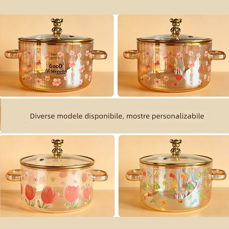 Enjoy oală din sticlă borosilicată în formă de urs, cu două mâneri și capac, rezistentă la temperaturi ridicate, pentru nudle instant, potrivită pentru flacăra deschisă sau plita electrică, veselă din sticlă pentru gătit sănătos