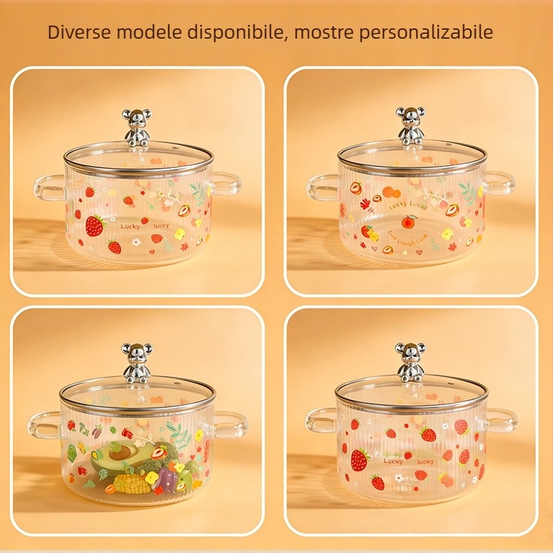 Enjoy oală din sticlă borosilicată în formă de urs, cu două mâneri și capac, rezistentă la temperaturi ridicate, pentru nudle instant, potrivită pentru flacăra deschisă sau plita electrică, veselă din sticlă pentru gătit sănătos