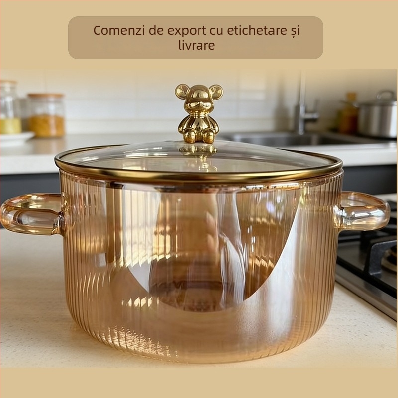 Enjoy oală din sticlă borosilicată în formă de urs, cu două mâneri și capac, rezistentă la temperaturi ridicate, pentru nudle instant, potrivită pentru flacăra deschisă sau plita electrică, veselă din sticlă pentru gătit sănătos