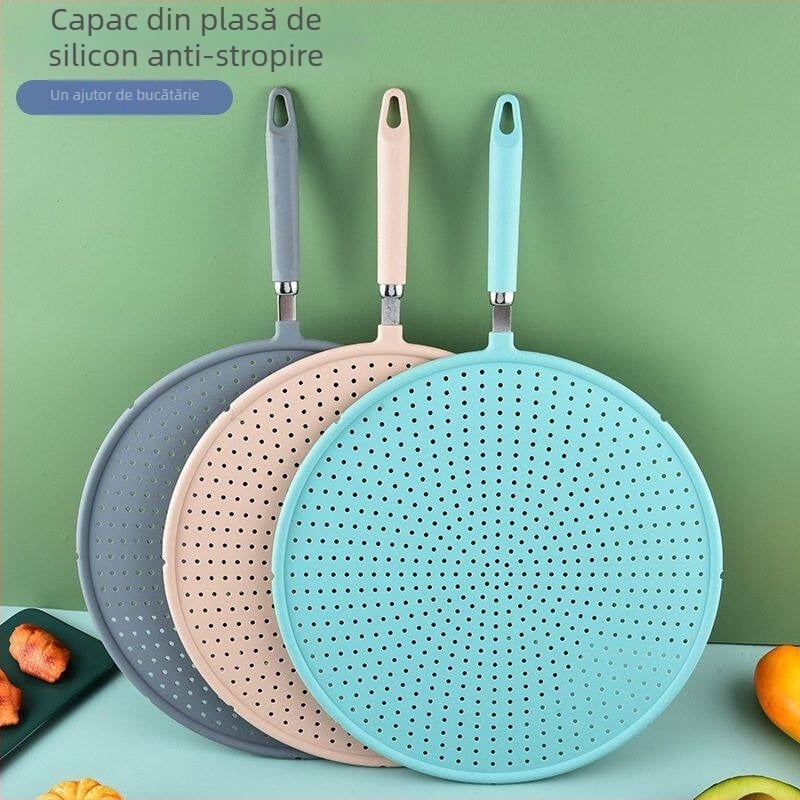 Protector din silicon împotriva stropirilor de ulei, cu capac circular din plasă și mâner pentru bucătărie
