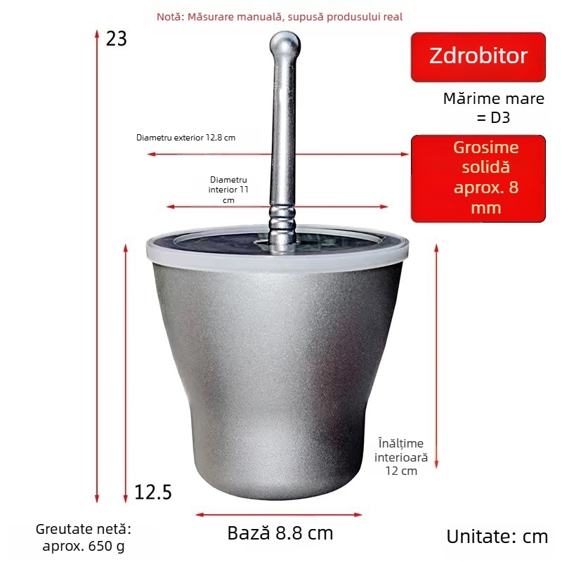 Mojar din aluminiu cu pistil antic, pentru zdrobirea usturoiului și a ardeilor iuți