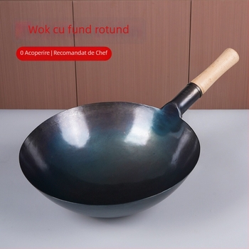 Wok din fier pur, neacoperit, finisaj albastru, cu bază rotundă, pentru bucătării comerciale