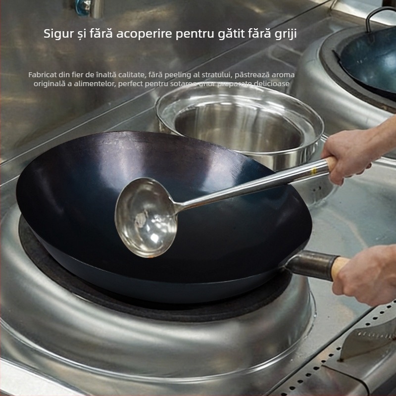 Wok din fier pur, neacoperit, finisaj albastru, cu bază rotundă, pentru bucătării comerciale