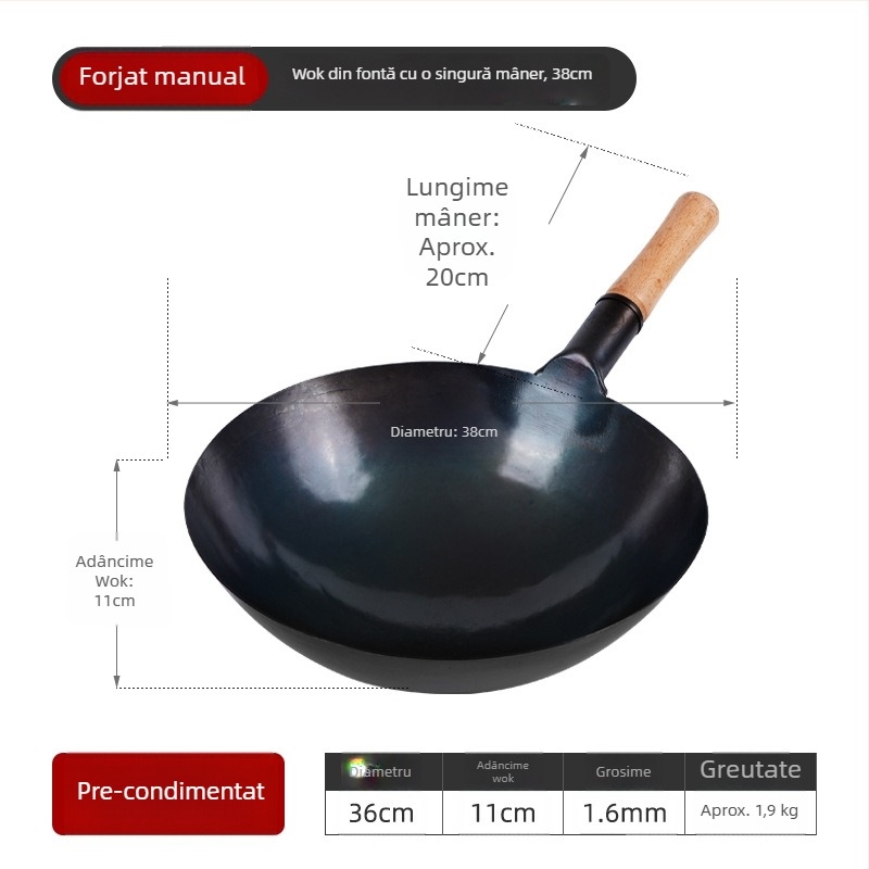 Wok din fier pur, neacoperit, finisaj albastru, cu bază rotundă, pentru bucătării comerciale