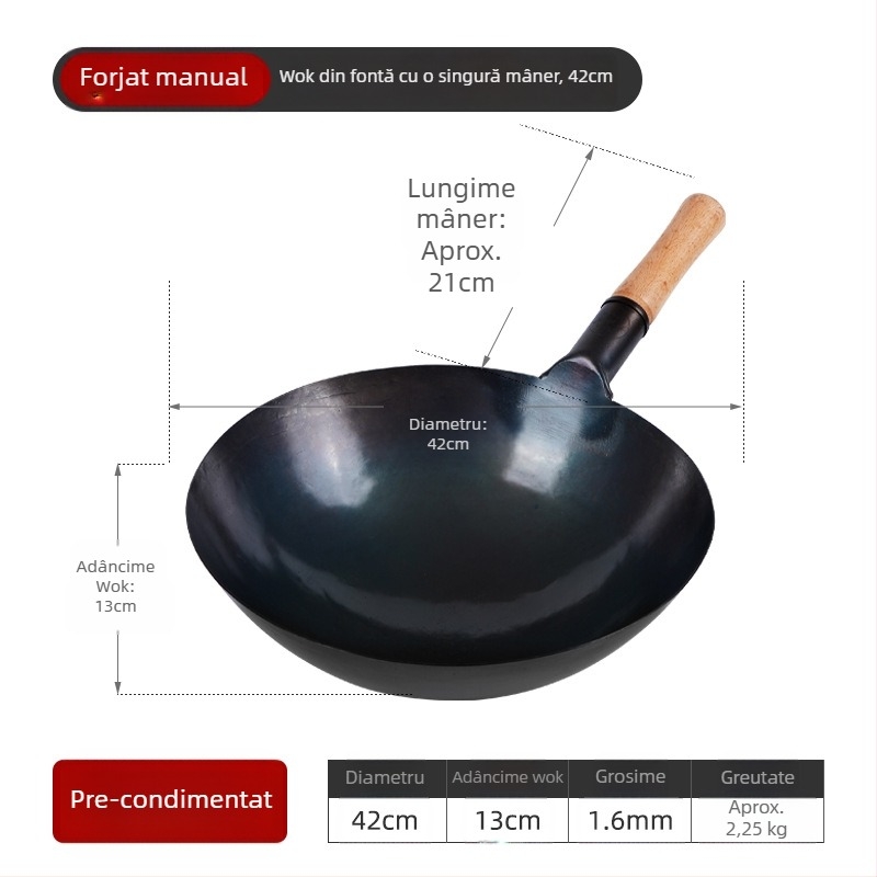 Wok din fier pur, neacoperit, finisaj albastru, cu bază rotundă, pentru bucătării comerciale