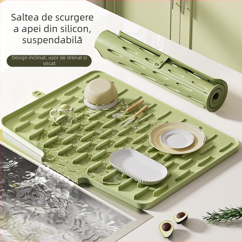 Covoraș de drenaj din silicon cu pantă, pentru bucătărie, fructe, legume și vase