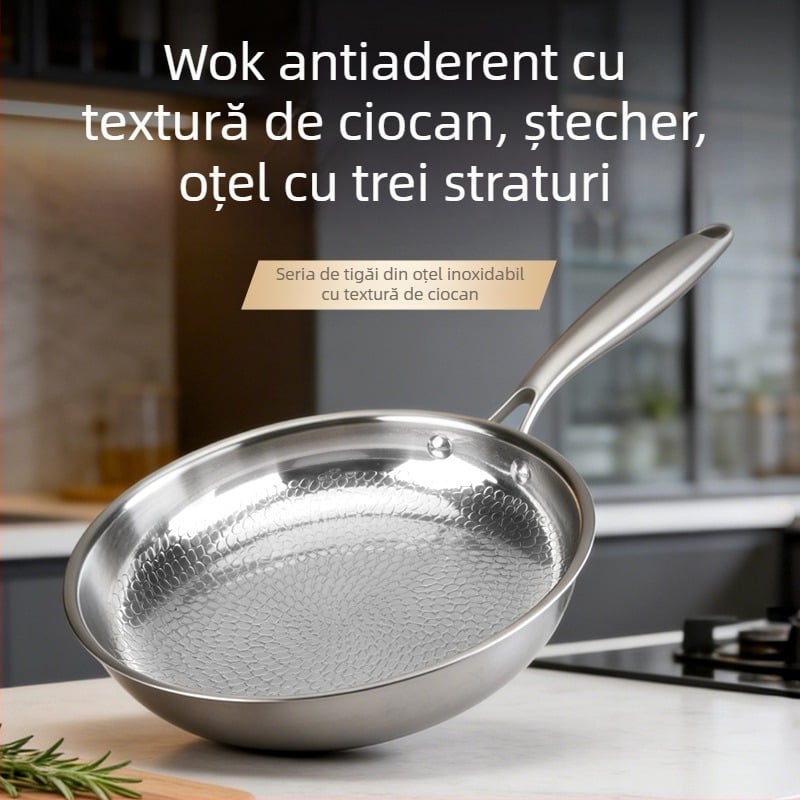 Tigaie din oțel inoxidabil 304, textură ciocănită, fără strat, din oțel cu trei straturi, antiaderentă pentru ouă, friptură și sotare