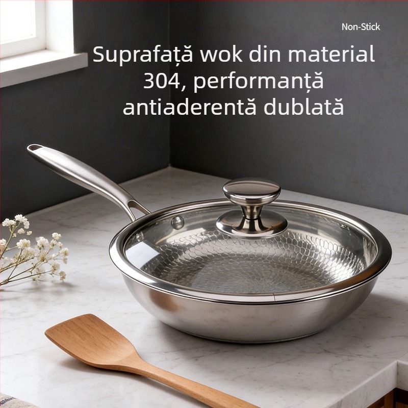 Tigaie din oțel inoxidabil 304, textură ciocănită, fără strat, din oțel cu trei straturi, antiaderentă pentru ouă, friptură și sotare