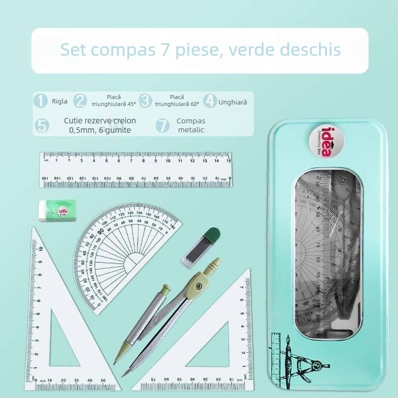 Set compas și riglă într-o cutie metalică pentru elevi