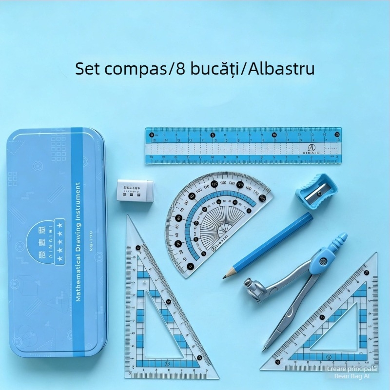 Set compas și riglă într-o cutie metalică pentru elevi