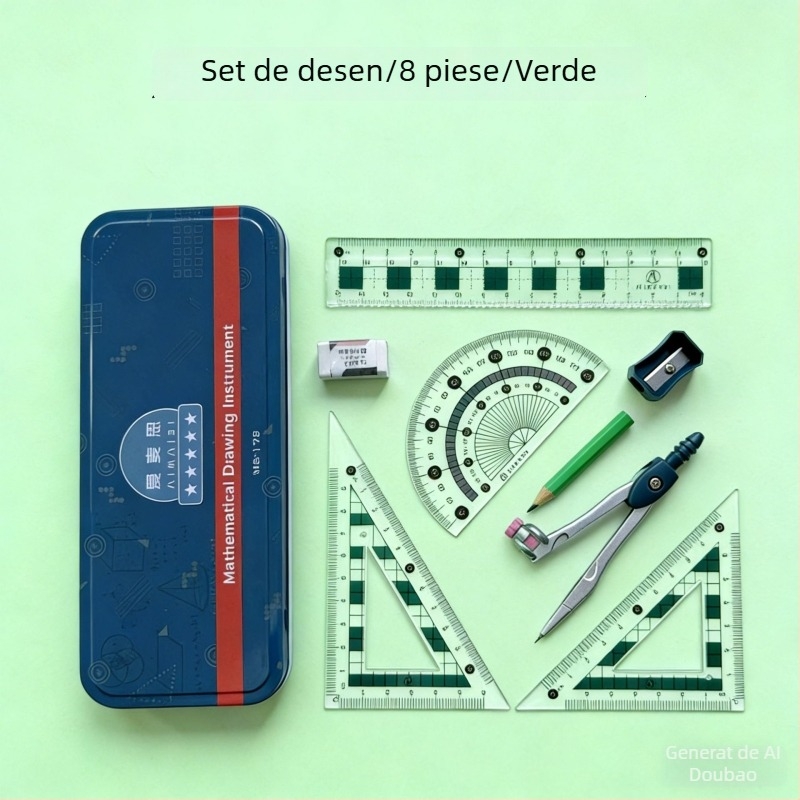 Set compas și riglă într-o cutie metalică pentru elevi