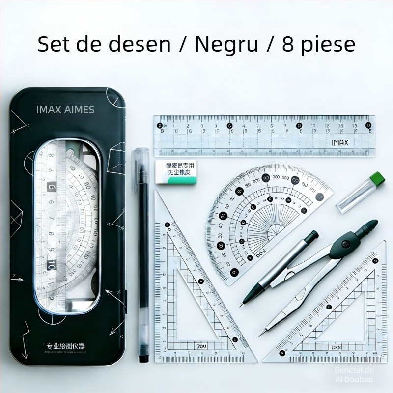 Set compas și riglă într-o cutie metalică pentru elevi
