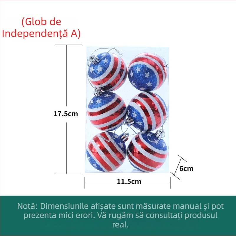 Set de globuri de Crăciun cu design steag american, 12 buc., diametru 6 cm, pictate manual