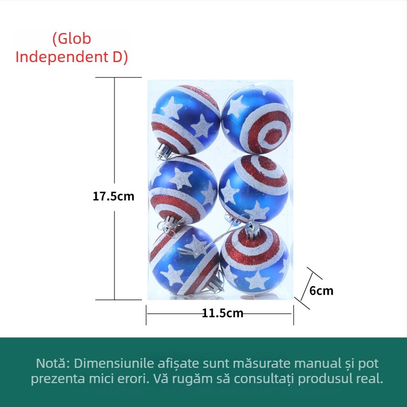 Set de globuri de Crăciun cu design steag american, 12 buc., diametru 6 cm, pictate manual