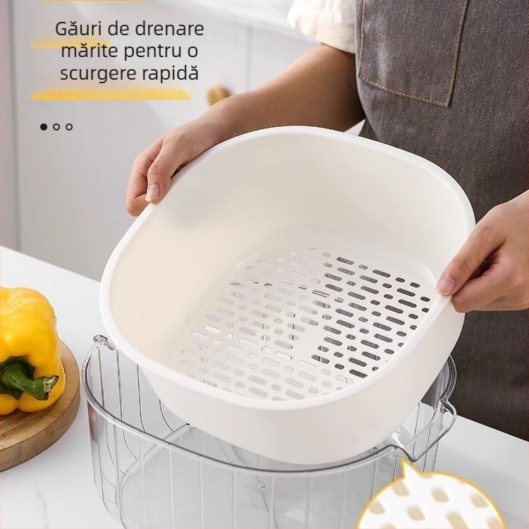 Coș dublu pentru scurgere și spălare legume și fructe, coș de bucătărie pentru spălat și strecurare, filtru de apă din plastic îngroșat, unealtă pentru clătirea orezului