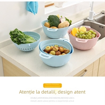 Coș rotativ dublu nivel pentru spălat legume și fructe, cu drenaj