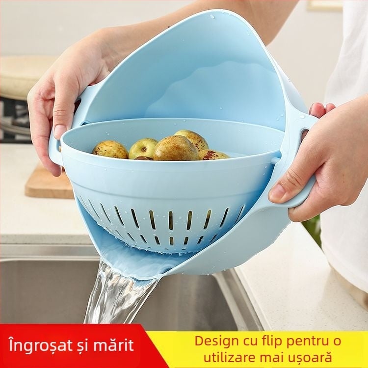 Coș rotativ dublu nivel pentru spălat legume și fructe, cu drenaj
