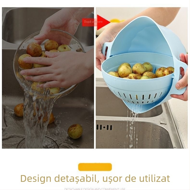 Coș rotativ dublu nivel pentru spălat legume și fructe, cu drenaj