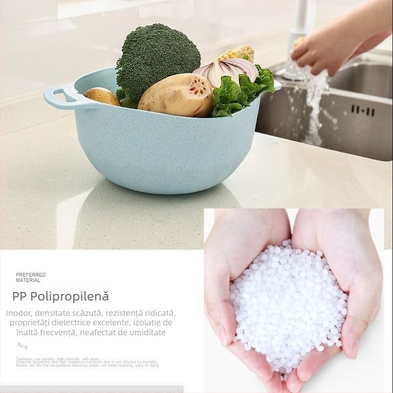 Coș rotativ dublu nivel pentru spălat legume și fructe, cu drenaj