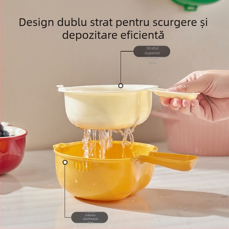 Coș de fructe cu două niveluri, drenaj și mâner drăguț