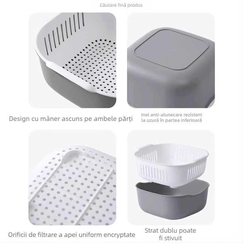 Vas dublu din plastic pentru spălat legume și fructe cu coș de scurgere – accesoriu de bucătărie multifuncțional