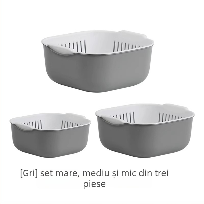 Vas dublu din plastic pentru spălat legume și fructe cu coș de scurgere – accesoriu de bucătărie multifuncțional